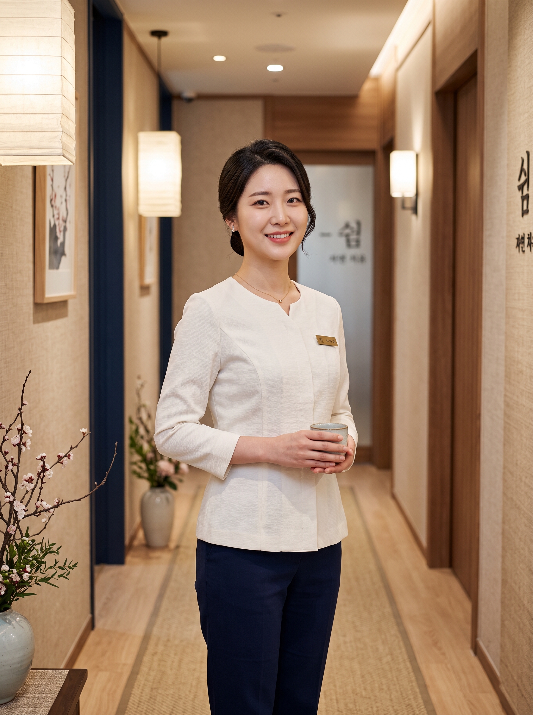 아이보리 유니폼의 홈케어 매니저 연출